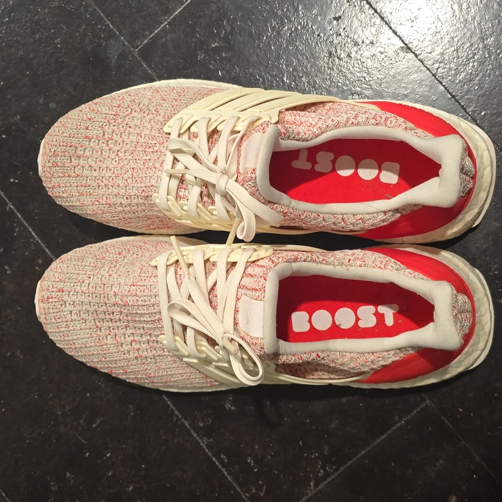 Adidas Ultra Boost warm white and Red Running Shoes 9